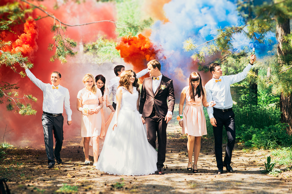 Bride and Groom with Smoke Colors